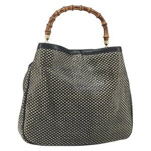 Authentic GUCCI Bamboo Shoulder Bag Leather Black Gold